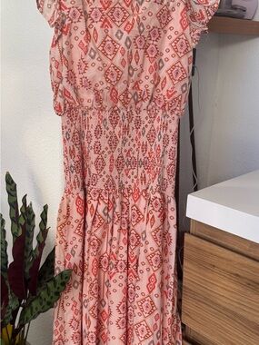 Aqua Peach and Coral Geometric Smocked Waist Dress